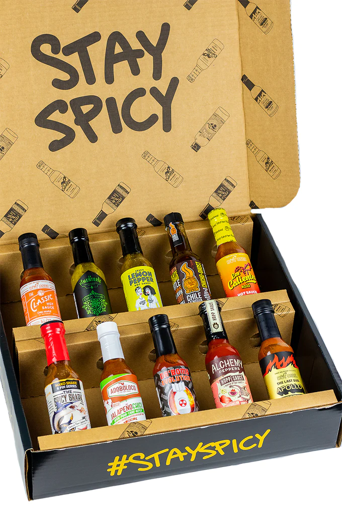 10 hot sauces in a box from the Heatonist